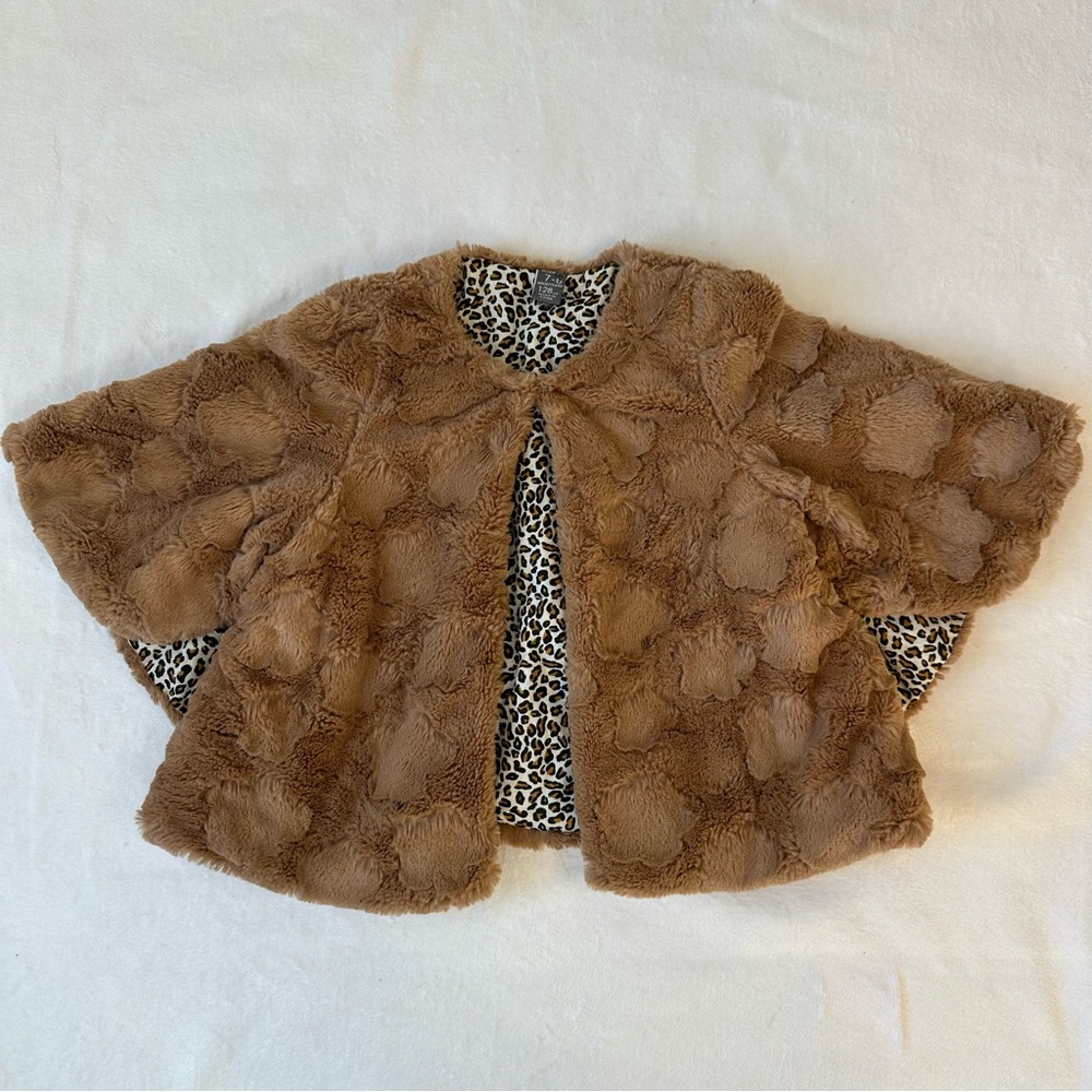 Zara Kids Cotton Furry Teddy Bear Cape Capelet Cheetah Leopard Lined, size 7-8 - Picture 7 of 16